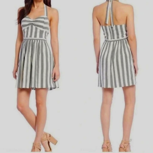 NWT Gianni Bini Grey & White Striped Summer Halter Dress Womens LARGE - Picture 1 of 9